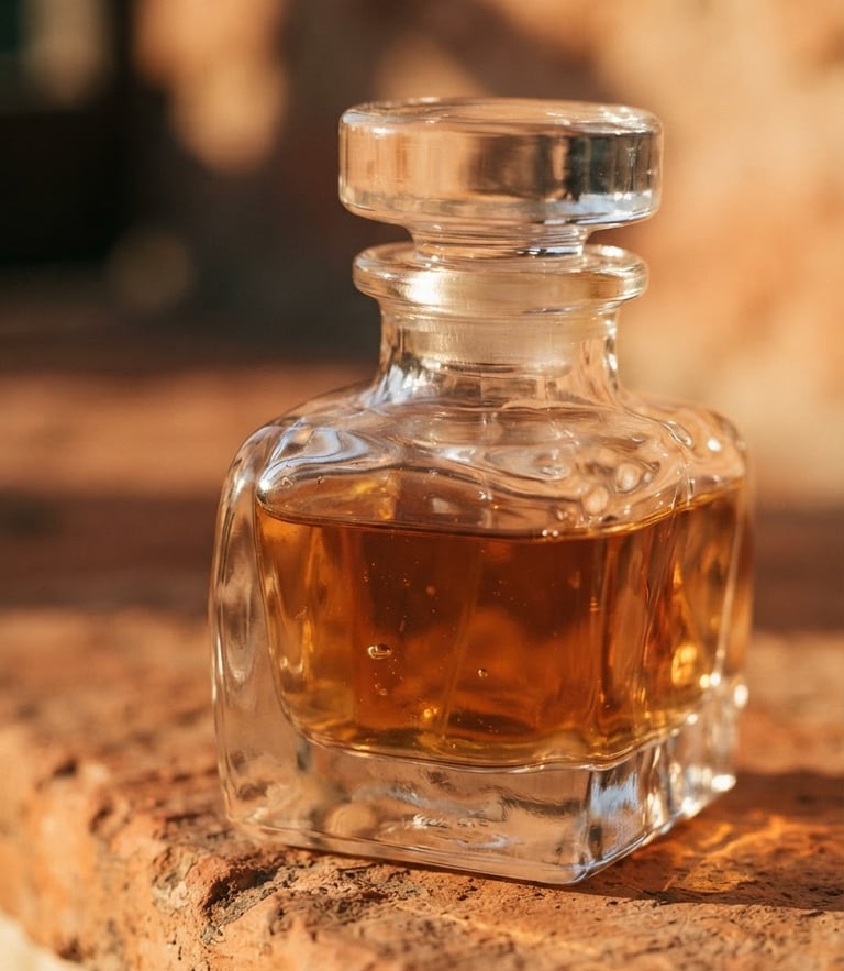 Macro shot of a heavy glass perfume bottle catching warm golden-hour light, rich terracotta background, shallow depth of field