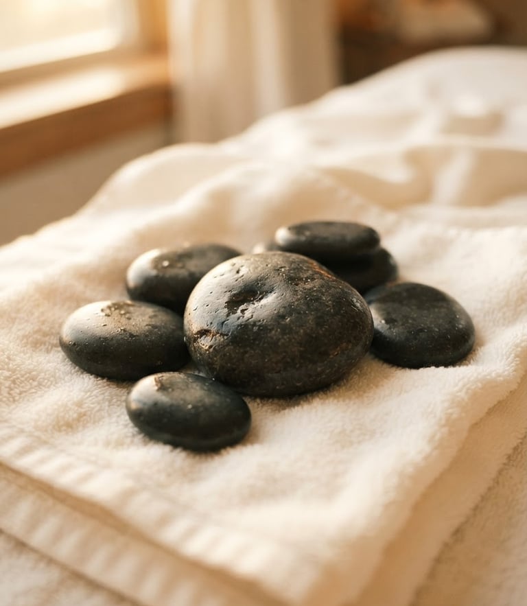 Close-up of smooth, warm massage stones resting on folded pristine white towels, soft golden-hour light, muted cream tones