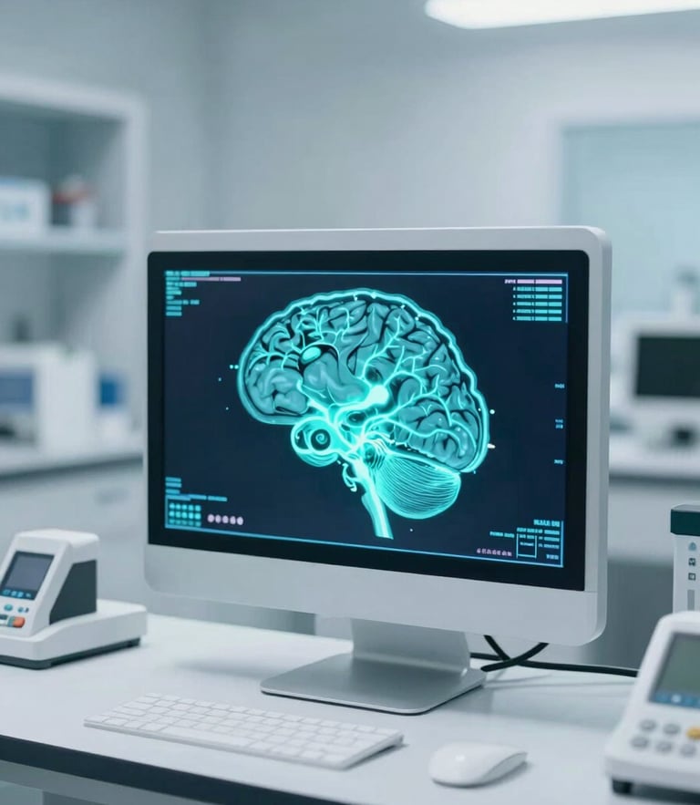 Modern neuro-diagnostic digital interface showing a clean 3D brain scan with glowing cyan neural pathways, clinical laboratory environment, shallow depth of field, 35mm