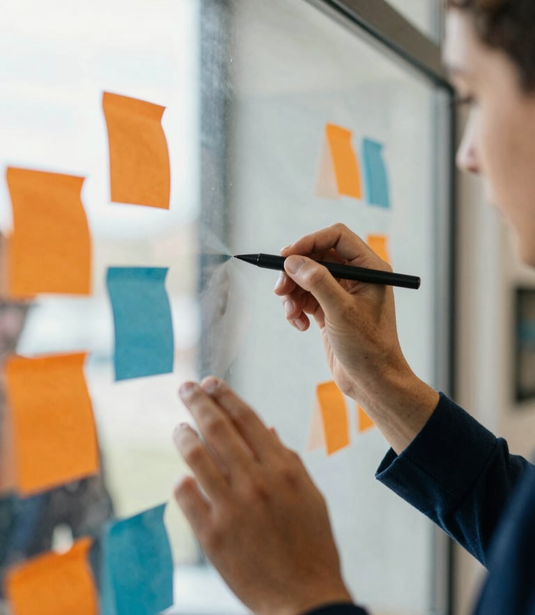 Warm corporate workshop, active collaboration, close-up of hands writing on a glass board with orange and blue sticky notes, natural window light, shallow depth of field