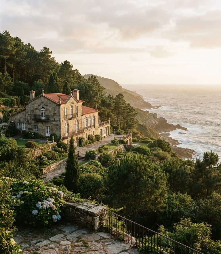 Wide environmental shot of a historic Galician stone villa overlooking the Atlantic ocean, soft golden hour coastal light, deep green pine trees in the background, elegant architectural details, warm editorial photography, 35mm.