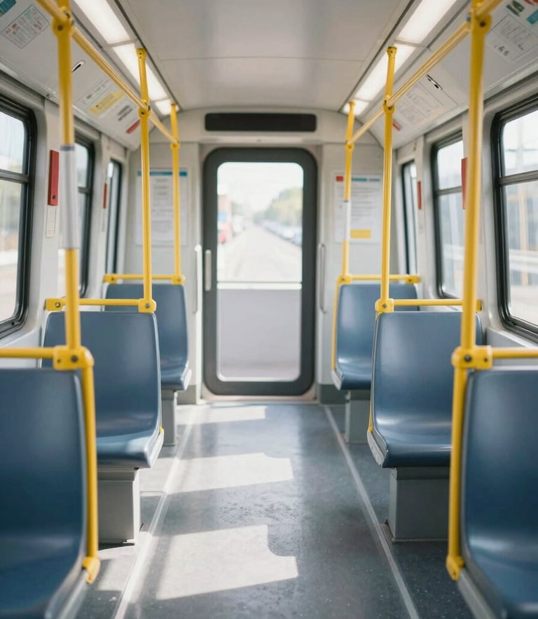 Interior of a modern transit shuttle showing spacious seating and clean surfaces, soft daylight, sharp focus