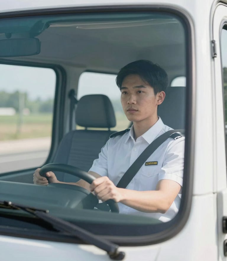A professional driver in a clean uniform sitting behind the wheel of a modern transit vehicle, morning light, 35mm lens