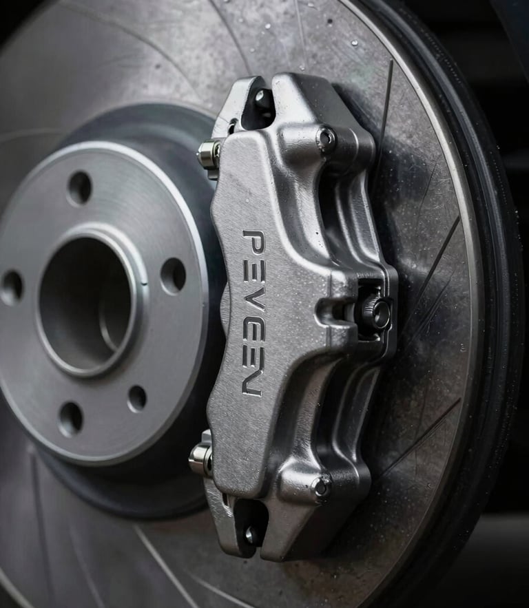 Sleek close-up of a pristine metallic Peugeot brake caliper, dramatic low-key studio lighting, brushed silver and deep charcoal tones, sharp macro details.