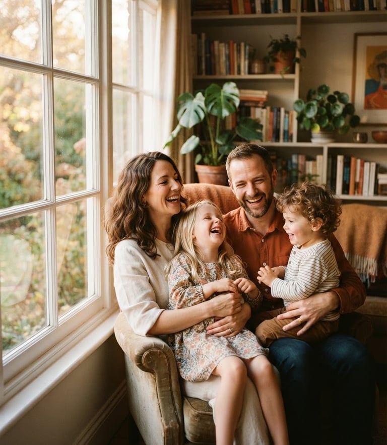 Warm editorial portrait of a young family laughing together near a window, soft golden-hour light, rich natural tones, authentic and unposed, shallow depth of field.