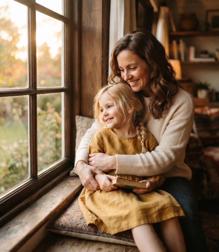 A warm portrait of a mother and daughter sitting by a sunlit window, soft golden hour light, authentic emotional connection, shallow depth of field