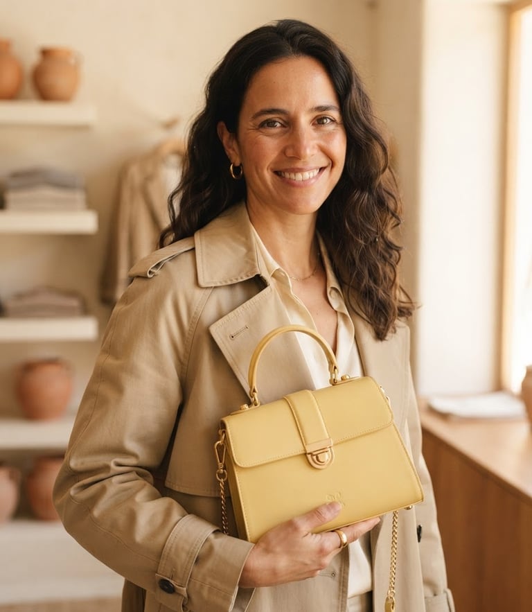 Close-up of a woman in a neutral trench coat holding a butter-yellow handbag, soft warm afternoon sunlight, minimalist Spanish boutique background