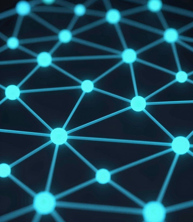 Sleek 3D render of abstract digital networking nodes, glowing cyan and electric blue accents, dark mode aesthetic, macro close-up