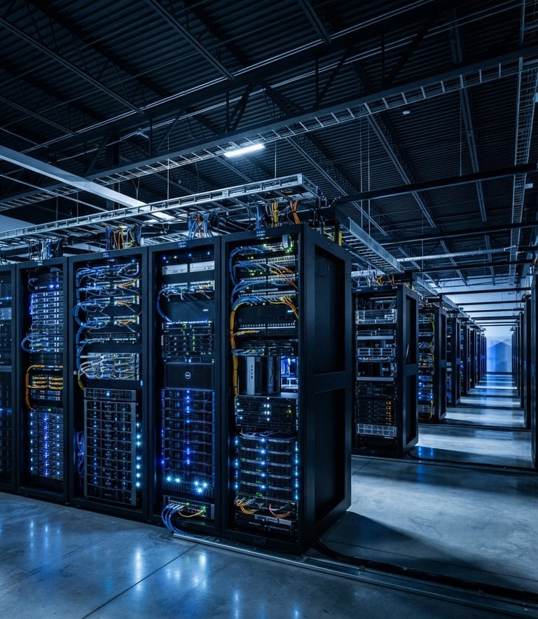 A modern high-contrast warehouse interior with server racks in the foreground, illuminated by cool blue and steel lighting, sharp architectural lines
