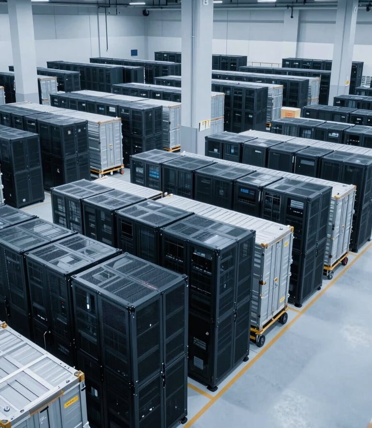 Wide environmental shot of a high-tech logistics hub in Kuala Lumpur, server racks standing adjacent to active cargo loading bays, cool blue and steel lighting, high-contrast editorial corporate photography.