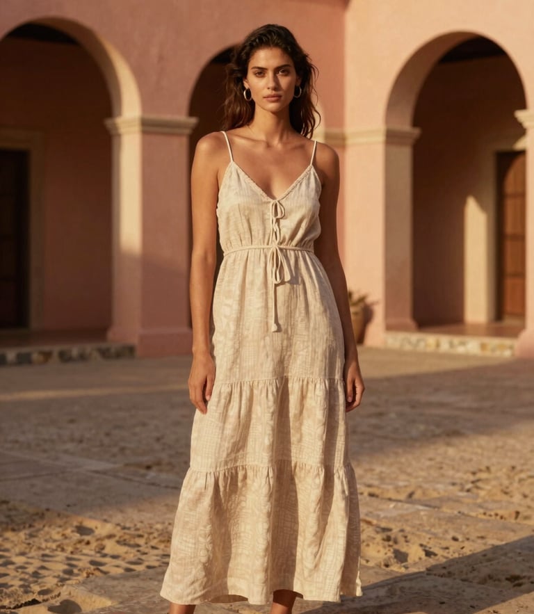 Editorial medium-long shot of a model in a linen resort dress standing in a sun-dappled architectural courtyard in San Juan, warm golden-hour light, 35mm.