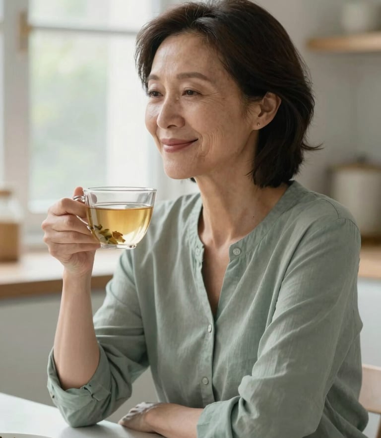 A mature woman in her late 40s smiling softly, sitting in a sunlit kitchen with a cup of herbal tea, soft natural window light, muted sage and slate tones, shallow depth of field, 35mm