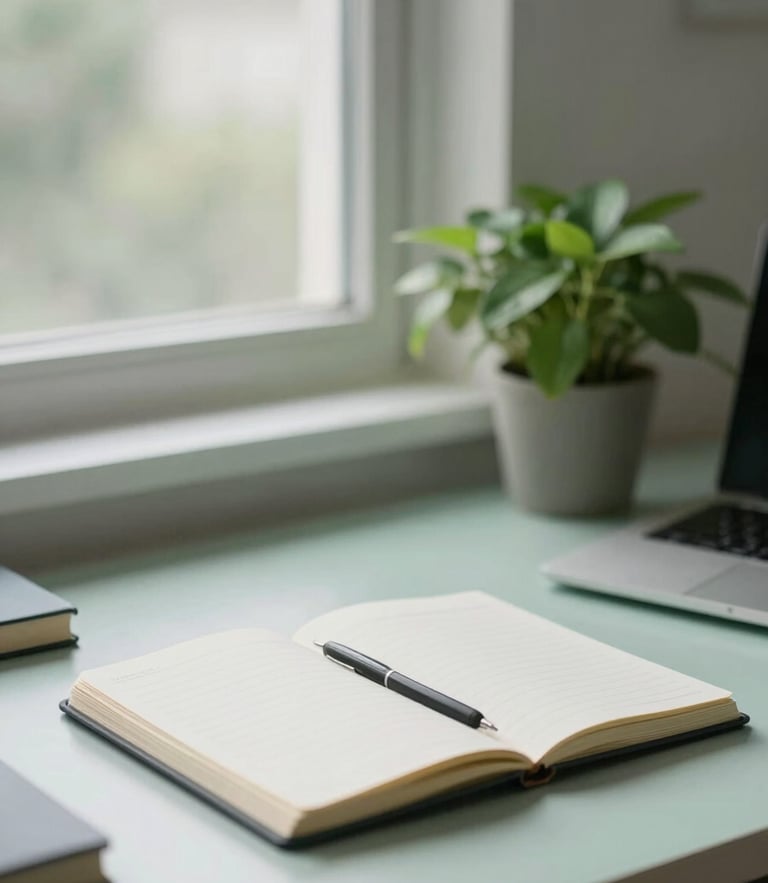 A serene, organized home office desk with a notebook, a green plant, and soft natural window light reflecting clinical calm, editorial lifestyle photography, 35mm