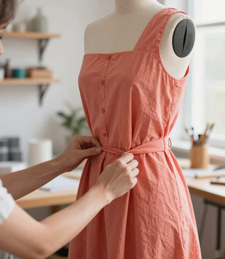 A designer's hands carefully adjusting the drape of a coral-colored cotton dress on a dress form in a bright, sunlit workshop.