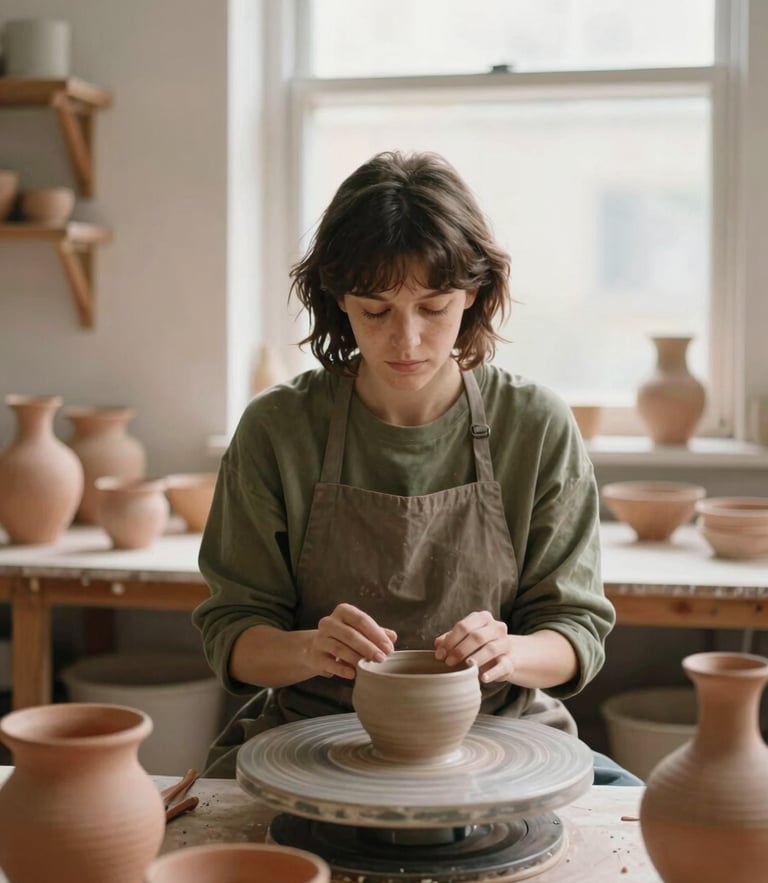 A female ceramicist in a sunlit studio, surrounded by terracotta vessels, warm natural window light, muted tones, 35mm photography