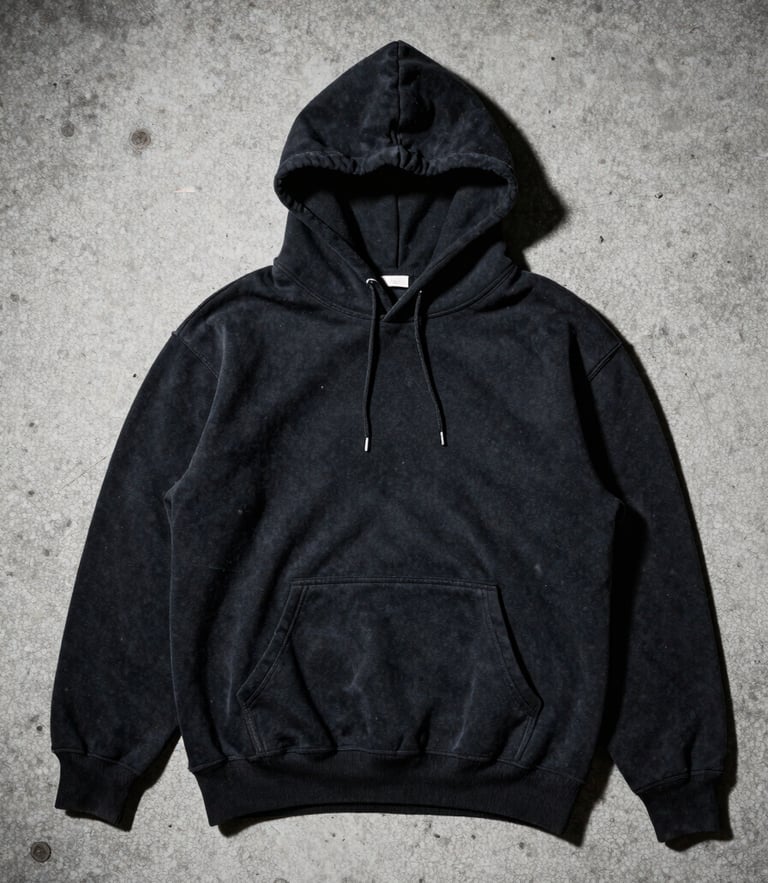 Raw flash photography of a distressed vintage black hoodie flat-lay on cold gray concrete, high contrast, harsh directional shadows, gritty film texture