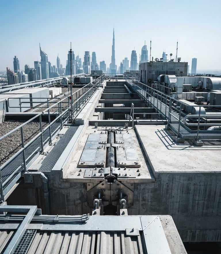 Sharp architectural photograph of a modern Dubai skyscraper rooftop, bright desert daylight, high-contrast cool tones, crisp focus on structural expansion joints.