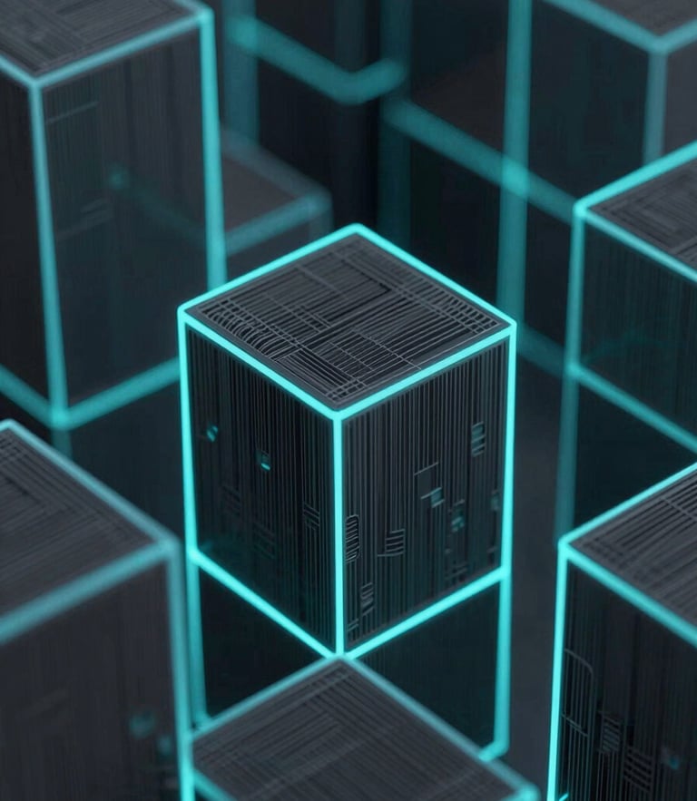 Dark abstract 3D render of structural wireframe grids with sharp neon cyan edge lighting, macro depth of field