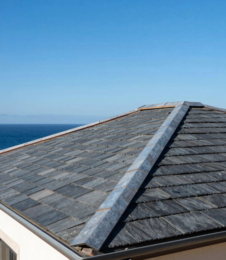 Low-angle shot of a beautiful coastal villa roof made of deep slate tiles, meeting a dramatic blue coastal sky, bright daylight, 35mm