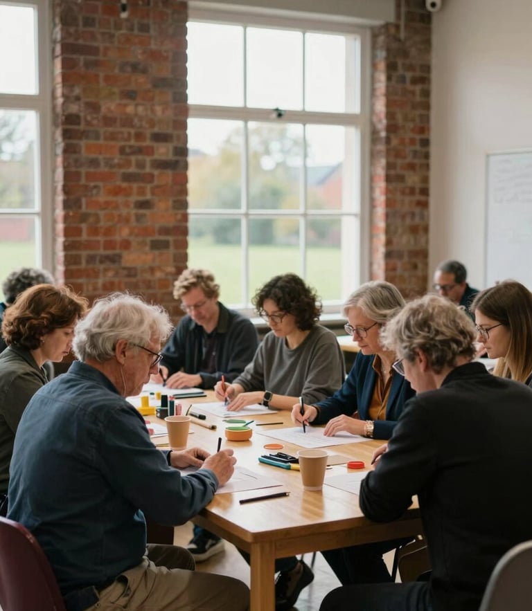 A focused community workshop in a bright, brick-walled UK local center. A group of diverse adults sit around a wooden table collaborating on a project, soft natural overcast daylight streaming through large windows.