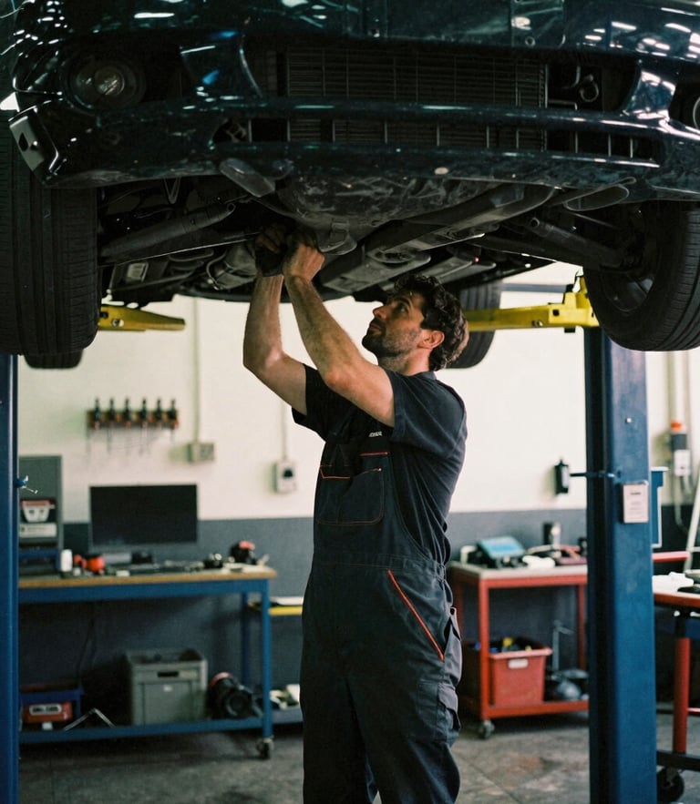 A professional UK mechanic in a dark, high-contrast workshop, working under a car lift with warm overhead lighting, authentic 35mm film style