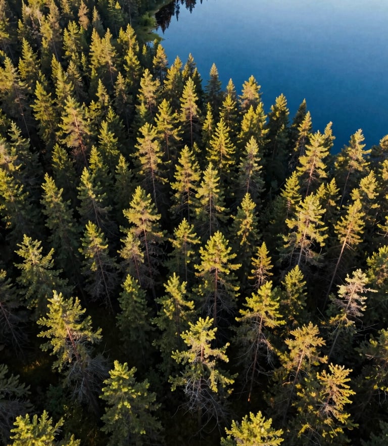 Cinematic wide-angle aerial shot of a deep green Finnish pine forest shifting into a clear blue lake at sunrise, captured from directly overhead