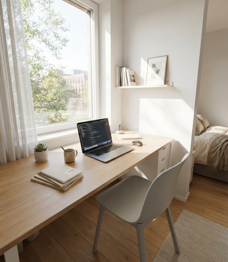 Sunlit student room with a clean modern desk, first-person perspective, bright natural daylight, soft shadows, Schibsted Grotesk blueprint style
