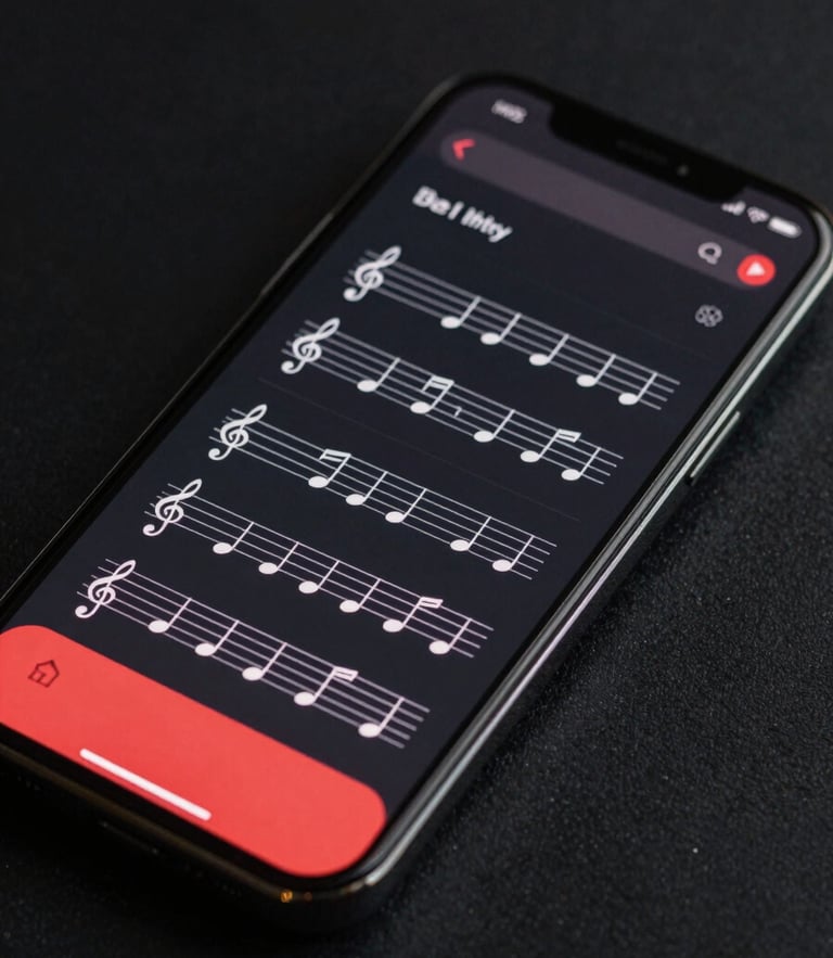 Direct un-angled presentation of a clean mobile application interface showing vector musical notation, dark mode UI with crimson accents, sharp geometric lines, obsidian background.