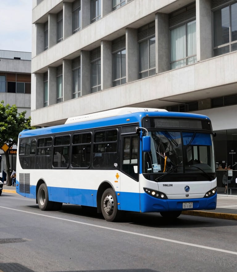Wide environmental shot of a clean blue and white bus navigating a bright morning city street in Ecuador, crisp architectural photography, 35mm lens