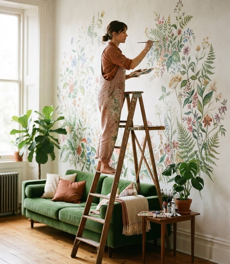 A tall portrait photo of Angela painting a detailed botanical mural on a high ladder, warm natural daylight, real room context with a green velvet sofa below, 35mm lens.