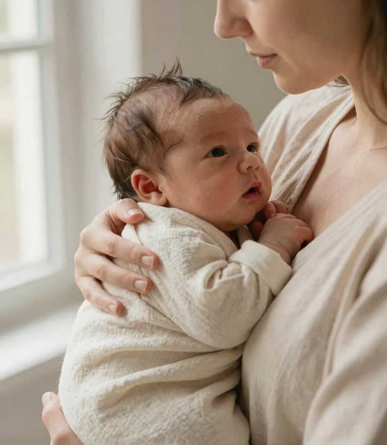 A close-up portrait of a mother gently cradling her newborn baby wrapped in a soft cream linen blanket, warm natural side light from a window, shallow depth of field, minimalist and emotional, beige tones