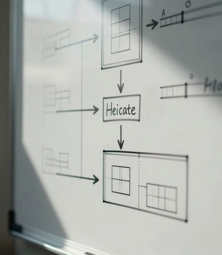 Extreme macro close-up of a structured physical whiteboard with architectural diagrams and clean handwritten framework steps, high-contrast cool natural daylight, deep shadows.