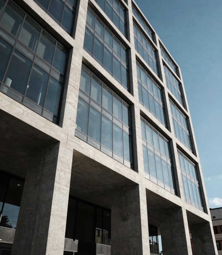 Wide-angle architectural detail of a modern concrete and glass infrastructure building in Madrid, high-contrast daylight, deep cool shadows.