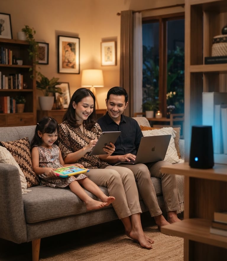 A warm modern Indonesian living room where a family is streaming seamlessly on tablets and laptops, soft blue ambient tech glows from a sleek router on a shelf, shallow depth of field, modern lifestyle photography.