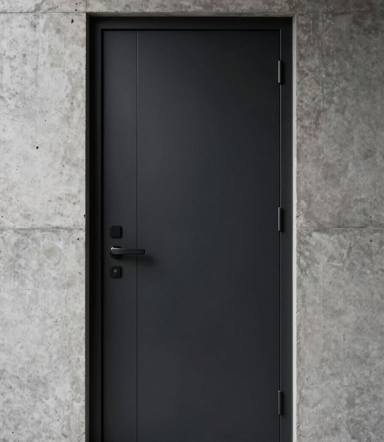 Tight vertical portrait crop of a finished black PVC door installed in a minimalist concrete entryway, dramatic side-lighting highlighting the clean edge profiles.