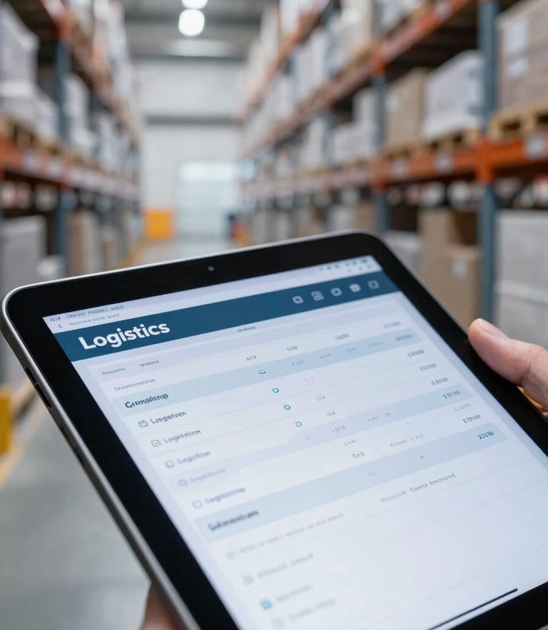 industrial editorial photography, crisp morning daylight, high-contrast cool tones, close-up of a digital tablet showing a logistics tracking interface inside a modern warehouse, sharp focus, 35mm
