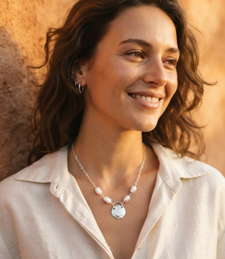 A close-up portrait of a woman in a relaxed silk shirt, wearing a lightweight hand-beaten silver necklace with natural pearls, soft golden-hour sunlight casting warm shadows across terracotta background.