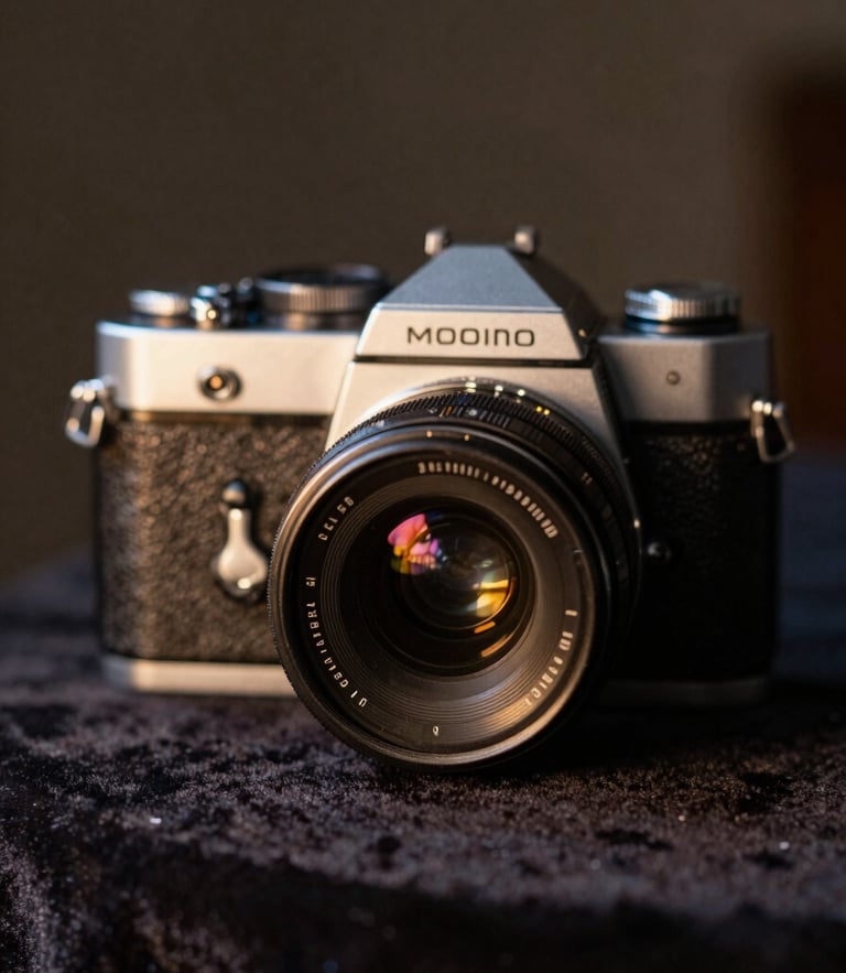 A close-up of a vintage camera resting on a dark velvet tablecloth, soft golden light hitting the lens, moody atmosphere.
