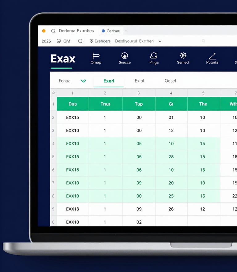 Straight-on high-contrast digital UI mockup of a clean corporate Excel dashboard, crisp studio lighting, deep navy blue and mint green accents, sharp focus.