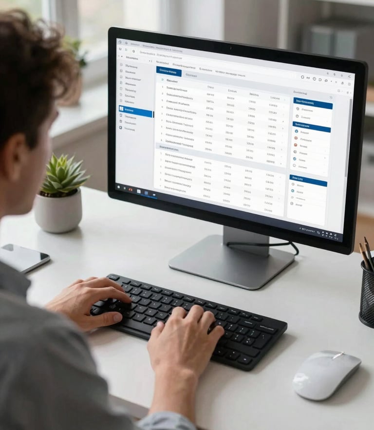 Over-the-shoulder view of a professional working at a clean, modern desk in a bright, daylight-balanced home office, focusing on an organized screen displaying clean corporate data.