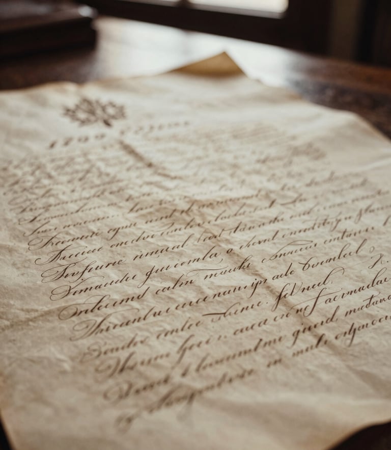 Macro shot of a 1700s Spanish land grant document with elegant cursive ink calligraphy on aged parchment, warm library window light, shallow depth of field, 35mm film texture.