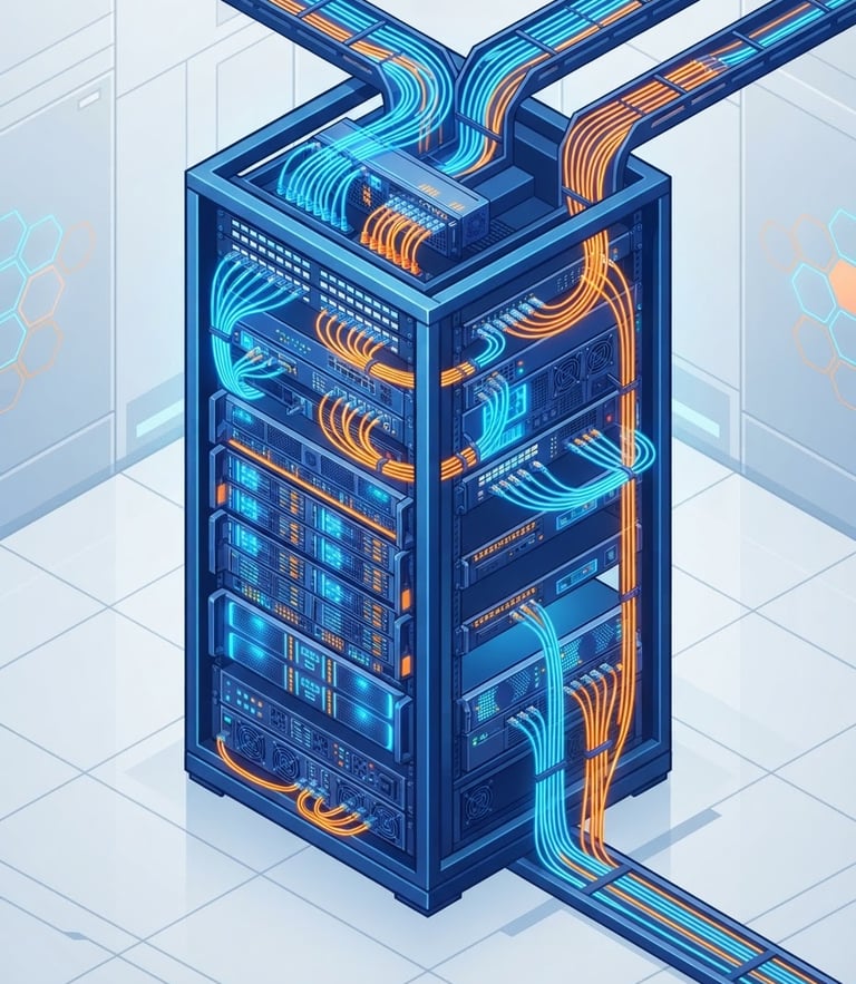 Isometric vector illustration of a glowing blue and orange server rack with network connections, minimal geometric shapes, high-key studio lighting, modern tech aesthetic