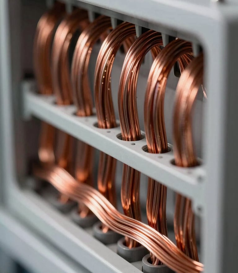 Extreme close-up of perfectly organized electrical copper wiring inside a clean modern panel, sharp focus, technical precision, dramatic architectural lighting.