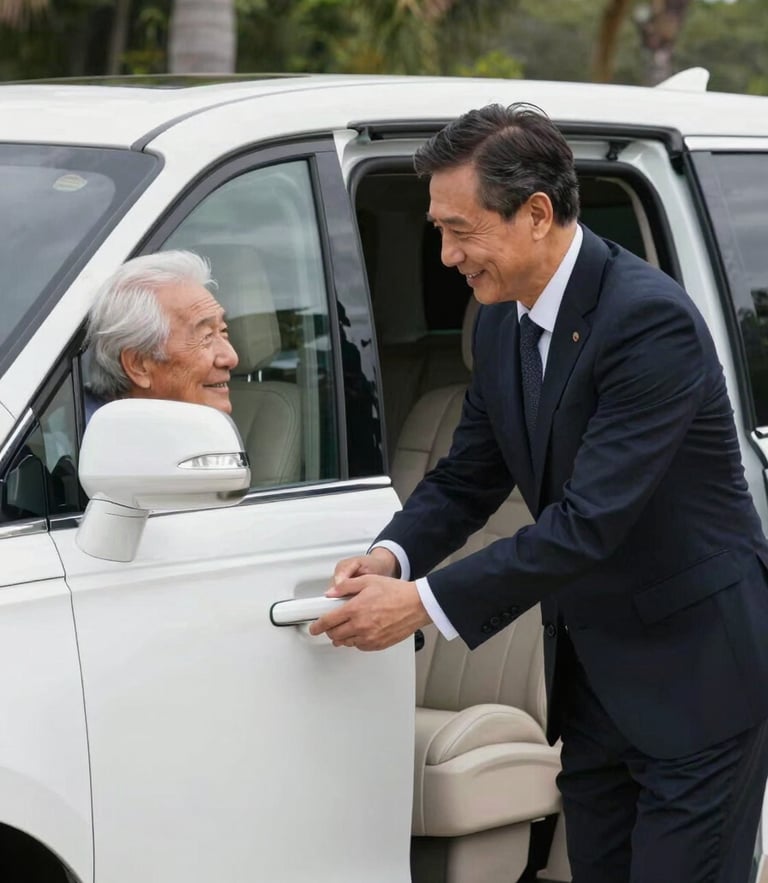 A professional bilingual driver in a clean dark suit warmly greeting a senior passenger next to a pristine white luxury multi-passenger vehicle, bright natural Florida daylight