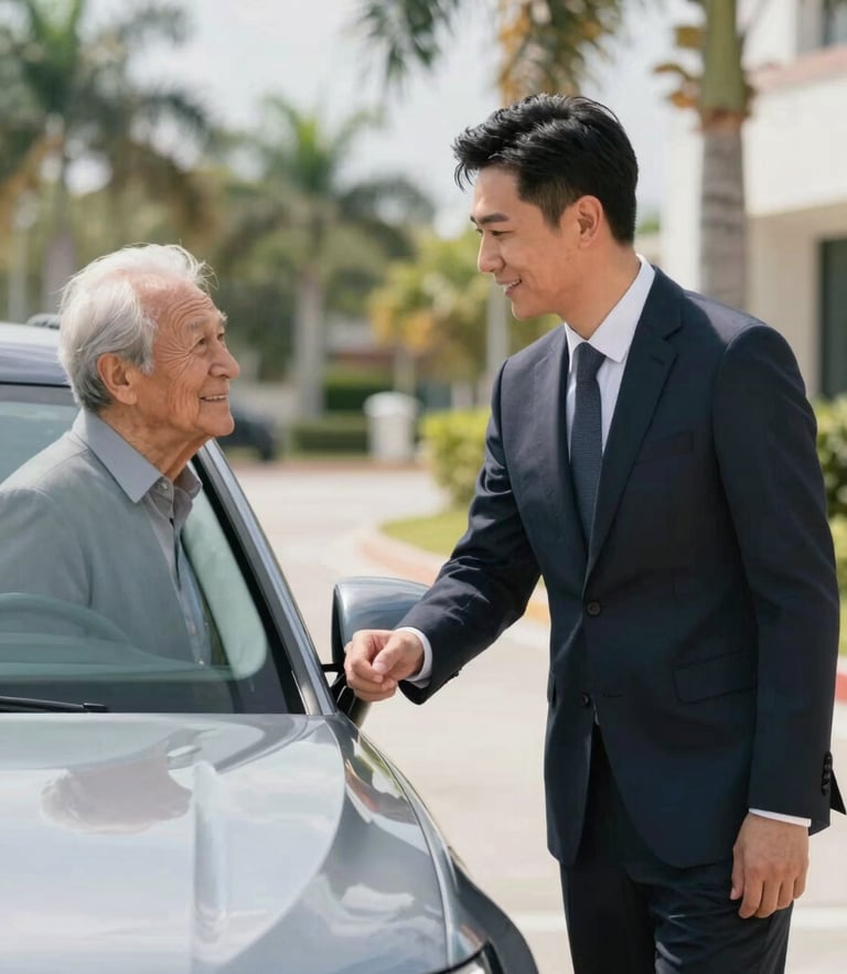A professional bilingual driver in a clean dark suit warmly greeting an elderly passenger next to a pristine luxury SUV, bright natural Florida daylight, soft shadows.