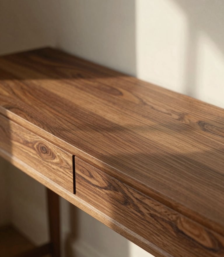 Eye-level close-up of rich walnut wood joinery on a low-profile console, soft natural window light casting gentle shadows, warm editorial photography style.