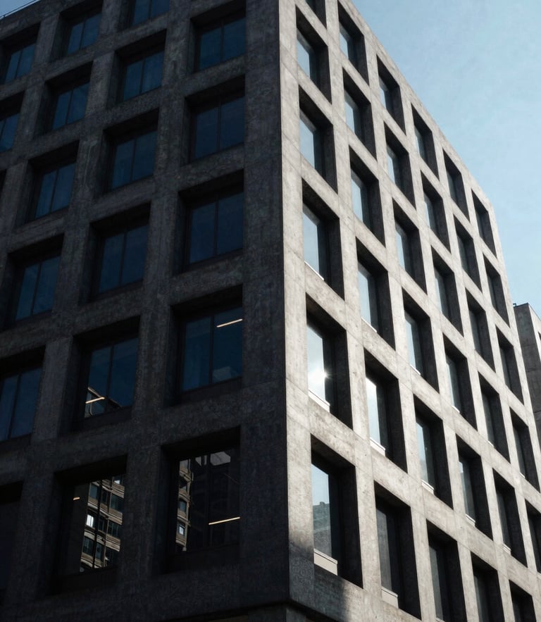 Low-angle architectural shot of brutalist corporate office building, sharp concrete shadows, high-contrast daylight, deep navy tones, editorial corporate photography