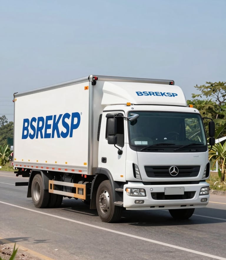Wide shot of a professional BSREKSP delivery truck driving on a sunny road in Kutai Timur, bright natural daylight, high-contrast industrial tones, sharp focus, 35mm lens