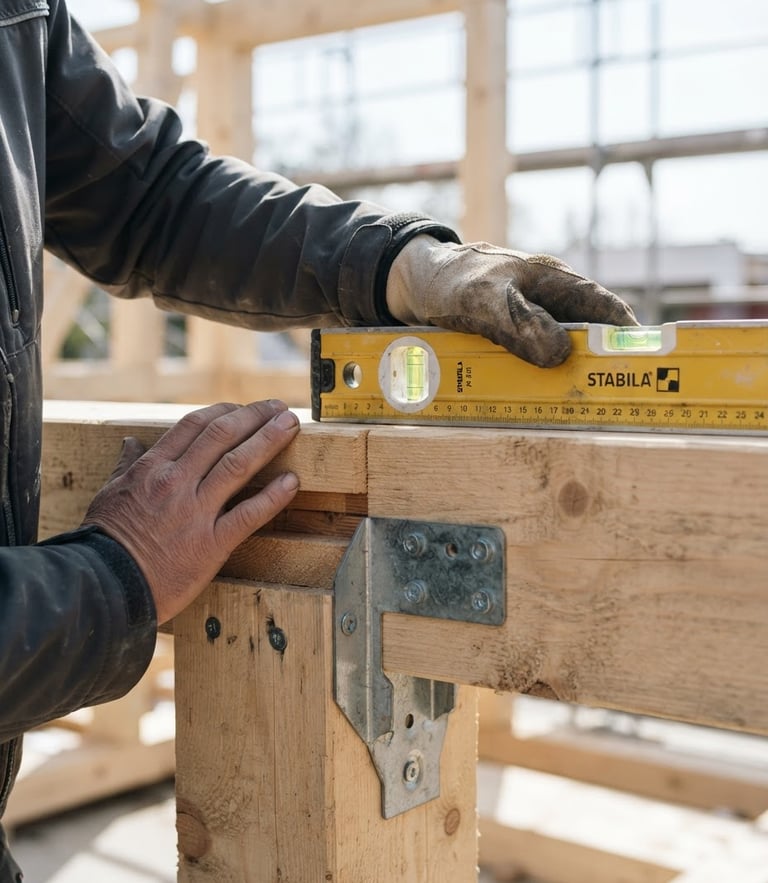 A close-up of a technician's hands using a level on a newly installed structural timber joint, bright daylight, crisp focus