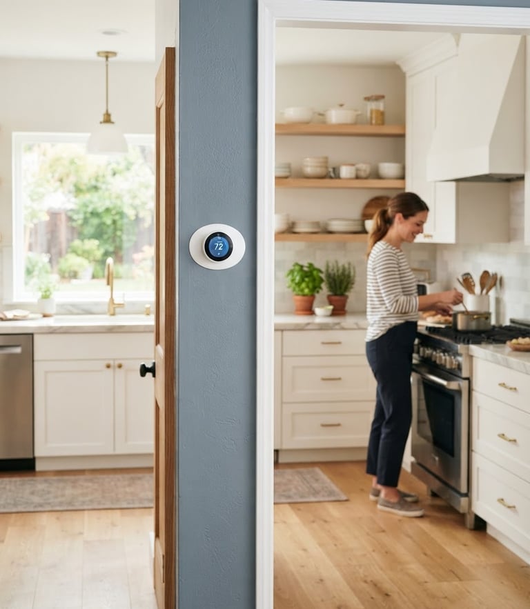 A bright, clean home interior with soft natural daylight shining on a modern thermostat and a family kitchen in the background, professional editorial photography